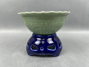 Number 1 Vintage Chinese Bowl On Swivel Base With Dragons.