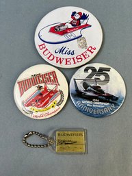 3 Vintage Budweiser Hydroplane Racing Pins And A Keychain.