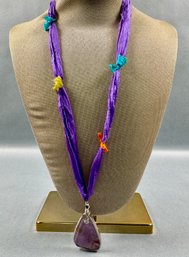 Cloth Necklace With Purple Stone Pendant