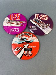 3 Vintage Pay-n-pak Hydroplane Racing Pins.