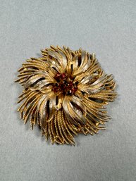 Gold Tone Brooch With Red Stones