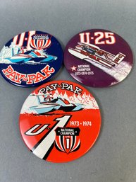 3 Vintage Pay-n-pak National Champions Hydroplane Racing Pins.