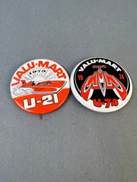 2 Vintage Valu Mart Hydroplane Racing Pins.