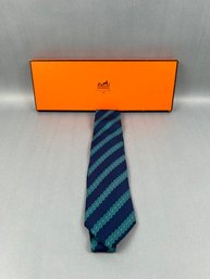 Hermes Silk Green And Blue Tie With Box 7161 FA