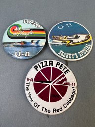 3 Vintage Hydroplane Racing Pins. Pizza Pete, Shakey's & Pringles