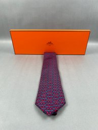 Hermes Blue And Red Silk Horse Bit Tie 7194 UA