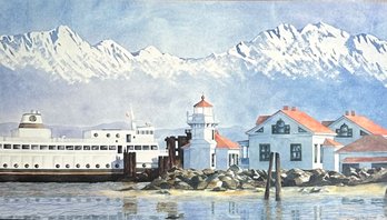 Vintage Marcia Shaver Ferry Docking Watercolor Print Framed