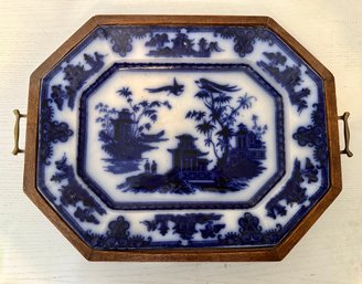 J. Clement & Son Large Flow Blue Plater With Wood Tray