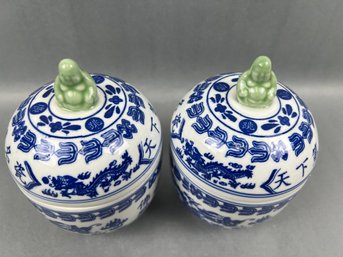 Pair Of Blue And White Chinese Porcelain Spice Jars With Buddah And Dragons.