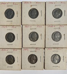 9 Nickels Marked Fine In Coin Holders