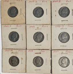 9 Nickels Marked Fine In Coin Holders