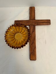 Wood Cross And Amber Decor Dish *Local Pick-Up Only*