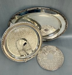 Lot Of 3 Silver Plate Trays & Trivet