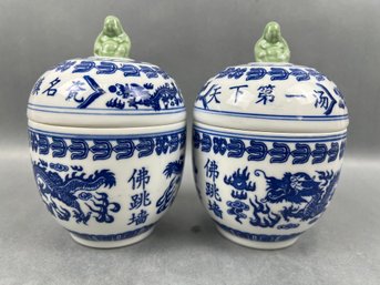 Pair Of Buddha And Dragon Chinese Spice Jars.