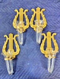Set Of 4 Syroco Wood Lyre Harp Wall Sconce W/glass Vases