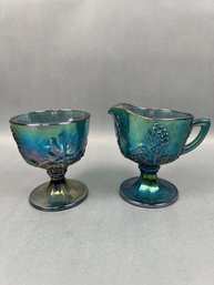 Vintage Blue Carnival Glass Sugar And Cream Pitcher.