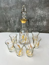 Glass With Gold Overlay Wheat Pattern Decanter And 6 Cordial Set *Local Pick-Up Only*