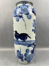 Blue And White Chinese Vase With Birds And Flowers.