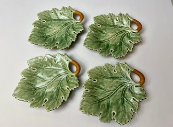 Set Of 4 Green Glazed Leaf Plates With Rattan Wrapped Stem *Local Pick-Up Only*