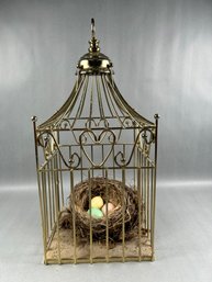 Brass Decorative Birdcage With Real Nest & Candle Eggs