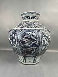 Large Asian Blue & White Pottery Glazed Vase