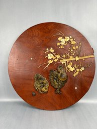 Vintage Asian Wood, Metal, Shell Round Wall Hanging