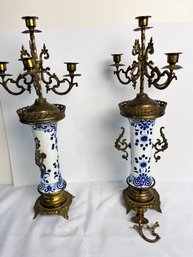 Vintage Pair Of Delft Style Candelabras.