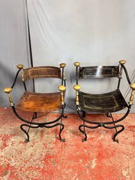 Vintage Italian Wrought Iron & Leather Savonarola Chair