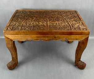 Vintage Wood Carved With Bamboo Relief Small Table Or Footstool