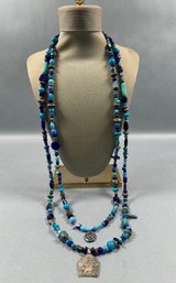 Long Blue And Silver Tone Double Strand Beaded Necklace