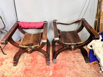 Pair Of Large Wood And Leather Savonarola Chairs  (Set 2)