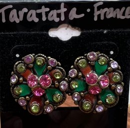 Thelma Clipped Earrings Green & Pink Rhinestones