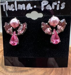 Thelma Post Pierced Earrings Purple & Pink Rhinestones And Faux Pearls
