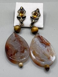 Thelma Paris(?) Fall Colors, Pierced Post Dangle Earrings With Carved Stone