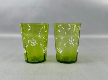 Vintage Pair Of Painted Floral Green Glasses -local Pickup