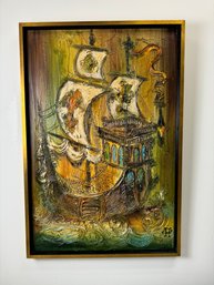 MCM Hillside Original Painting Of Ship By Hoople -Local Pickup Only