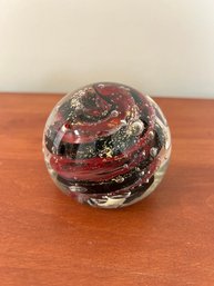 Round Black, Red And Clear Art Glass Paperweight: Signed