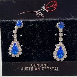 Genuine Austrian Crystal  With Blue Dangle Pierced Earrings