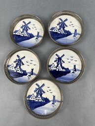 5 Porcelain Coasters With Windmills Marked Germany