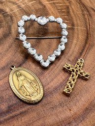 Heart Brooch, Necklace Cross Charm, And Catholic Charm 1/20 12Kt