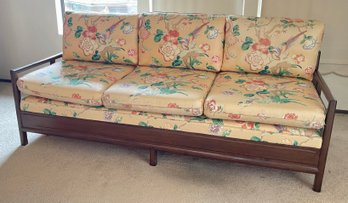 Vintage Asian Inspired Rosewood Wood Framed Floral Upholstered Couch