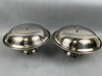 2 Covered Stainless Compote Serving Dishes.