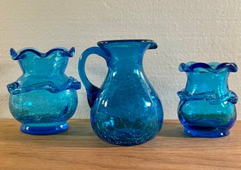 Vintage Blue Crackle Glass Vases And Small Pitcher