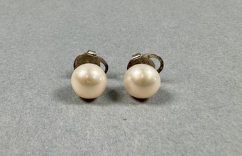 Sterling Silver With 3/8th Pearl Pierced Earrings