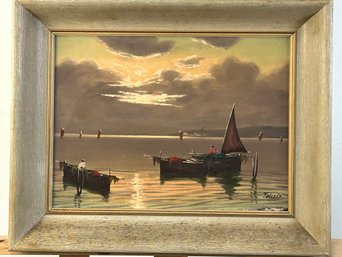 Vintage Valerio Sunset Fishing Oil On Canvas Framed