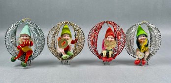 Group Of 4 Vintage Shiny Bright Christmas Elves In Pinecone (#1)