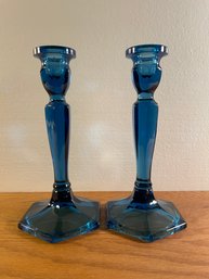 Beautiful Blue Glass Candlesticks