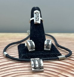 Silver Set Necklace, Pierced Earrings And Ring