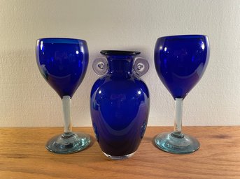 3 Pieces Of Heavy Cobalt Blue Glass ~ 2 Wine & Vase