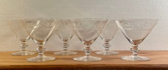 Set Of 6 Vintage Etched Low Champagne Glasses